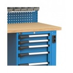 Banco professionale con 4 cassetti, anta, ripiano regolabile, morsa e allacciamenti, 200 cm, blu e antracite