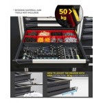 Banco professionale con 4 cassetti, anta, ripiano regolabile, morsa e allacciamenti, 200 cm, blu e antracite