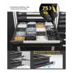 Banco professionale con 4 cassetti, anta, ripiano regolabile, morsa e allacciamenti, 200 cm, blu e antracite