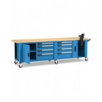 Banco professionale con ruote, 8 cassetti,  porta, ripiano regolabile, morsa e allacciamenti, 300 cm, blu e antracite