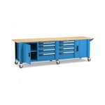 Banco professionale con ruote, 8 cassetti,  porta, ripiano regolabile, morsa e allacciamenti, 300 cm, blu e antracite