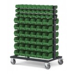 Carrello con 120 contenitori a bocca di lupo Picking Box Air verde traffico