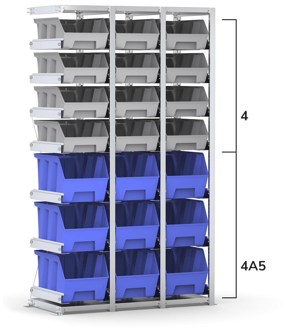 Scaffale aggiuntivo con 21 contenitori Picking Box Air mis. 4/4A5, L1158 x P521 x H2003 mm