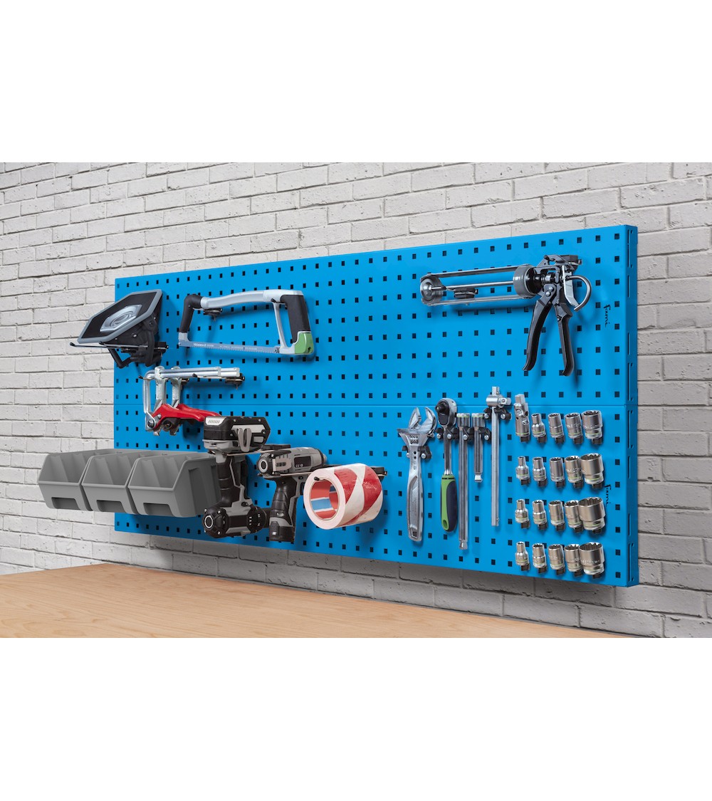 Parete porta attrezzi da muro da  150 cm completa di accessori e 3 contenitori, blu