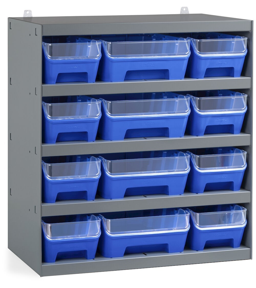 Scaffale con 12 contenitori RK Box Air con divisori e frontalini, L500 x P300 x H545 mm