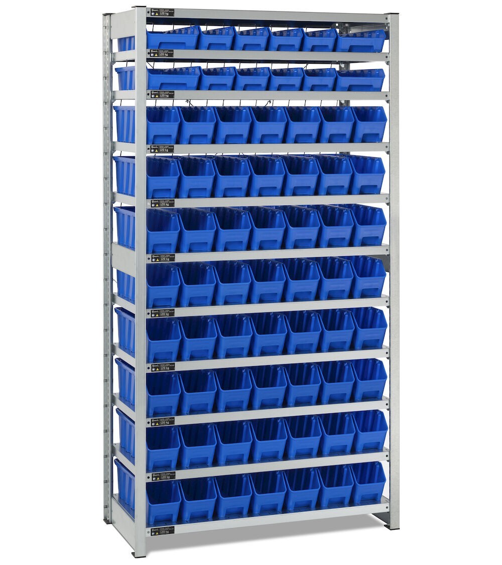Scaffale con 11 piani e 68 contenitori RK Box Air, L1057 x P521 x H2011 mm