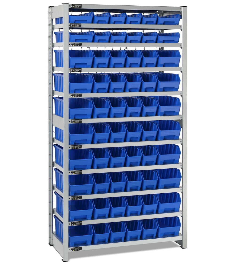 Scaffale con 11 piani e 60 contenitori RK Box Air, L1057 x P521 x H2011 mm