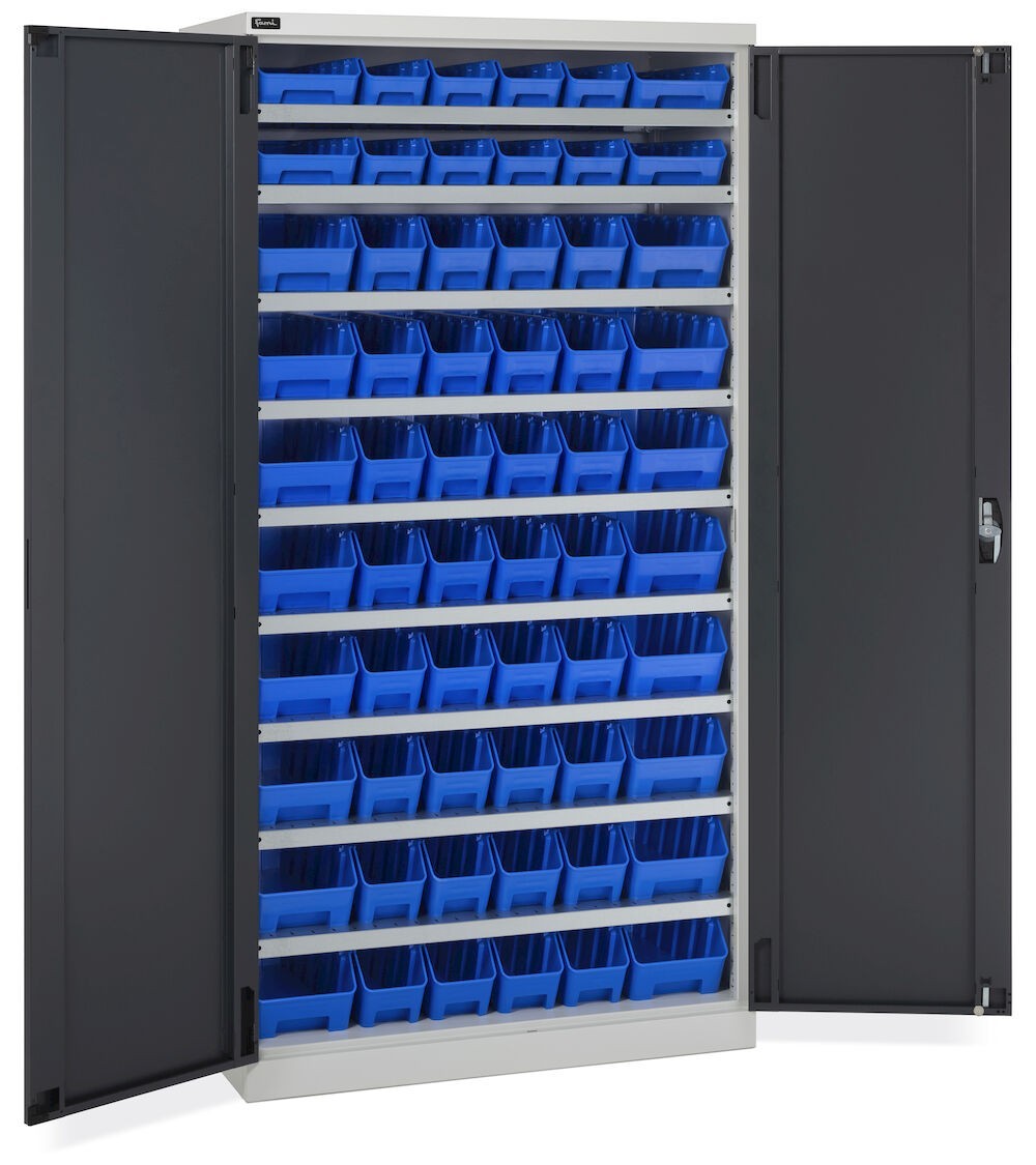 Armadio a battente con 60 contenitori RK Box Air, L1023 x P555 x H2000 mm, grigio e antracite