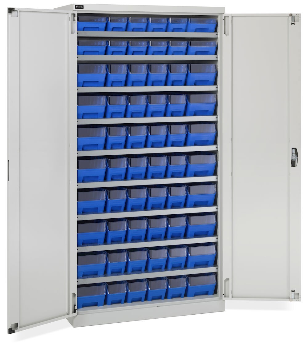 Armadio con 60 contenitori RK Box Air con divisori e frontalini, L1023 x P555 x H2000 mm, grigio