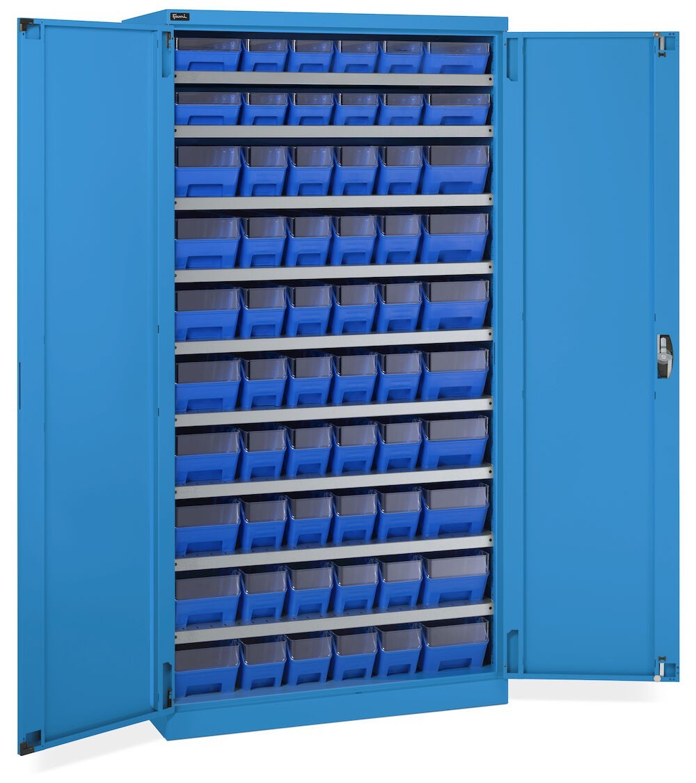 Armadio con 60 contenitori RK Box Air con divisori e frontalini, L1023 x P555 x H2000 mm, blu