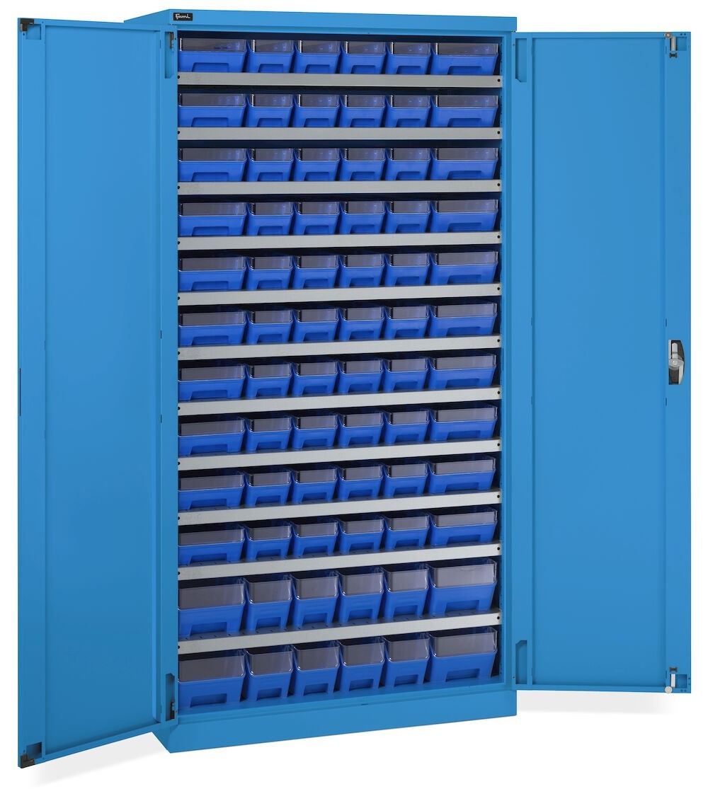 Armadio con porte a battente con 72 contenitori RK Box Air con divisori e frontailni, L1023 x P555 x H2000 mm, blu