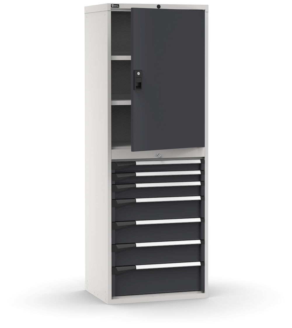 Armadio portautensili con porte a 7 cassetti, 3 piani regolabili, L714 x P573 x H2000 mm