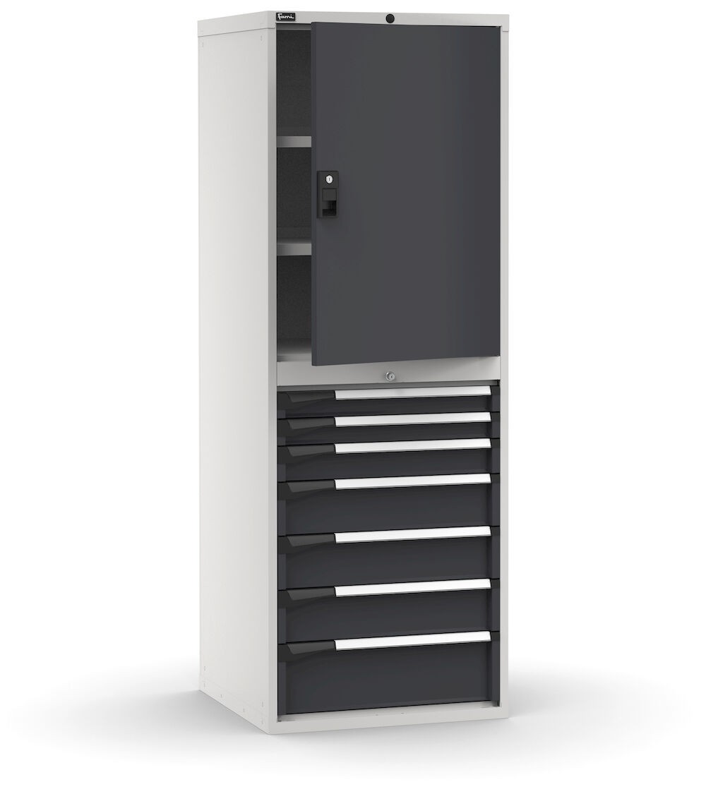 Armadio portautensili con porte, 7 cassetti e 3 piani regolabili, L714 x P726 x H12000 mm