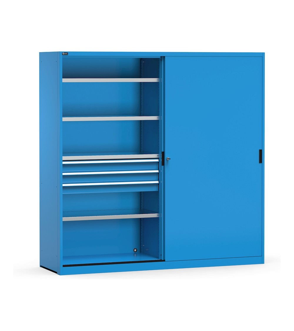 Armadio metallico blu con 2 ante scorrevoli con cassetti e piani, PERFOM21012