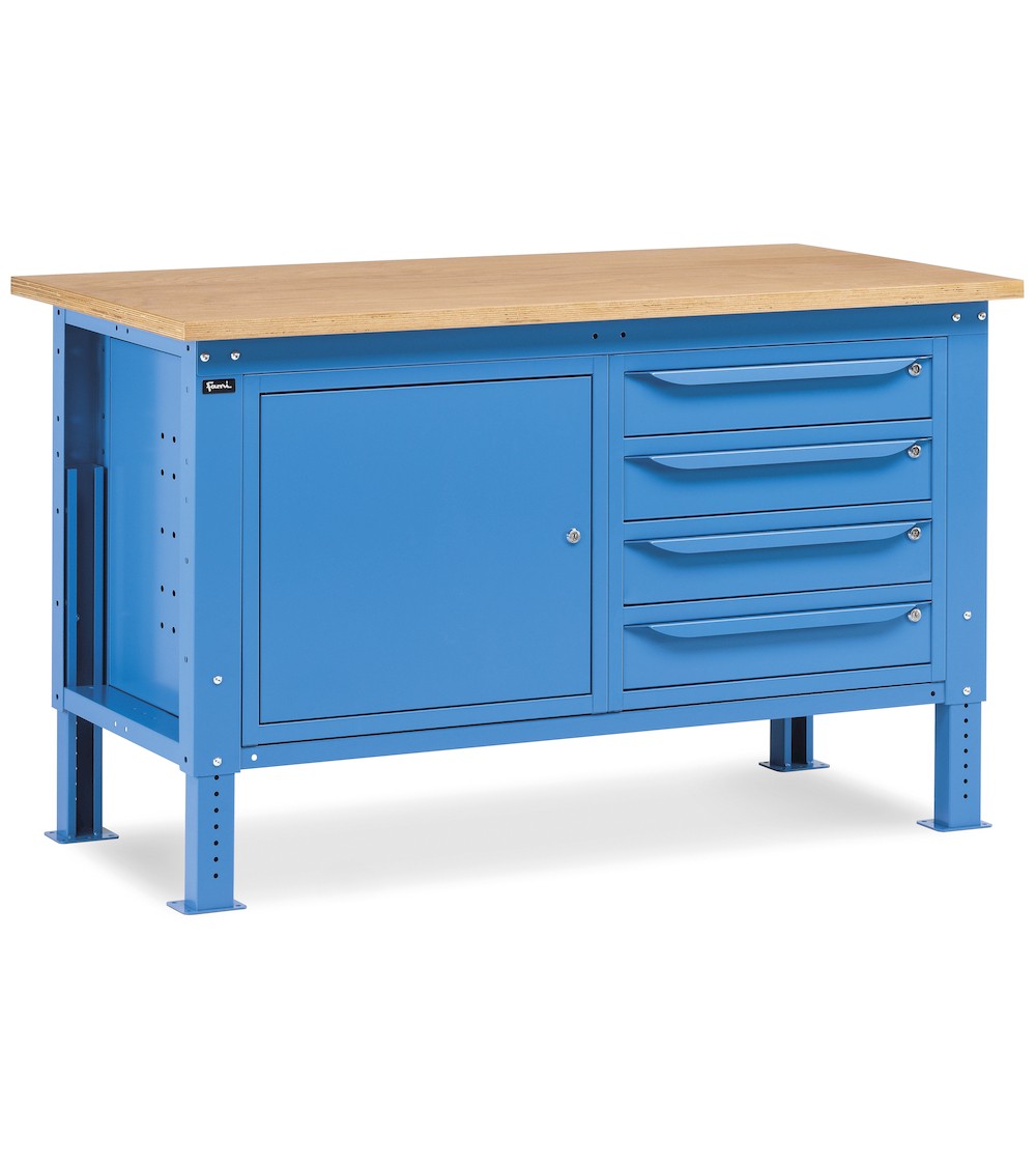 Banco da lavoro Work Up WORK1510 con 1 armadio a cassetti con 4 cassetti e 1 armadio con porta, colore blu