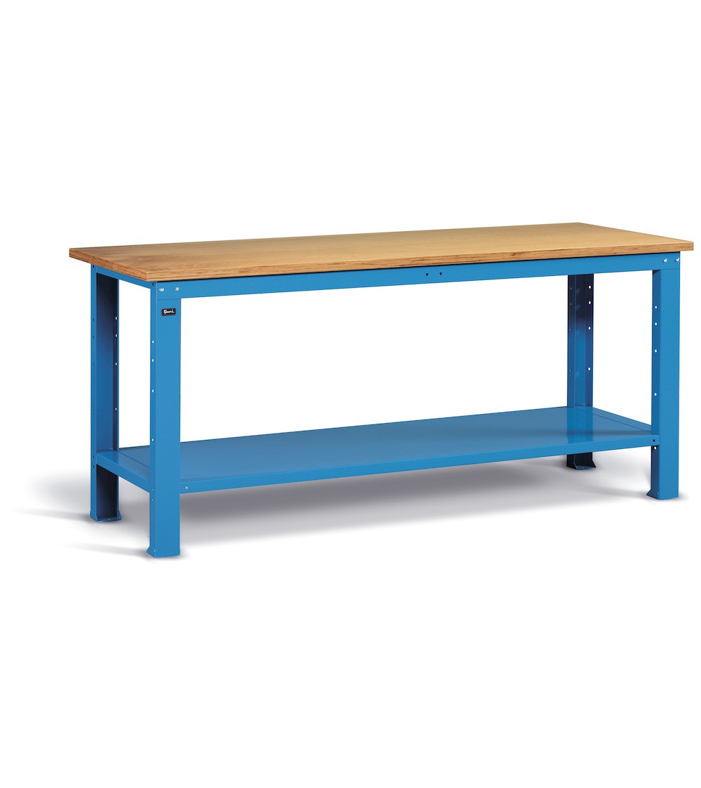 Banco da lavoro Work con piano in legno, 200cm, Blu